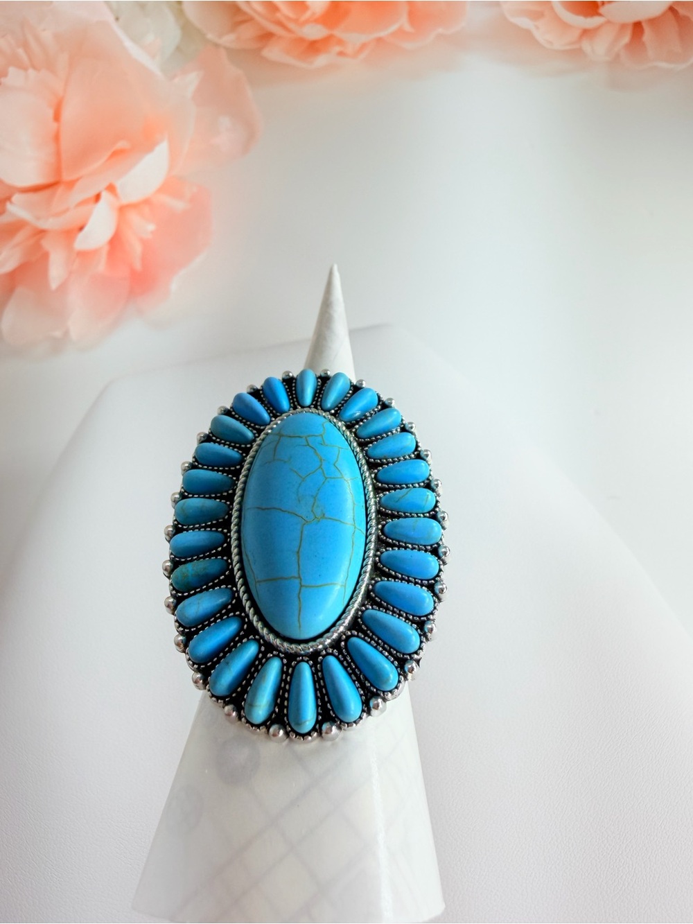 Mix metal Turquoise Oval Statement Ring - Blue Stone Women Jewelry 2”inc